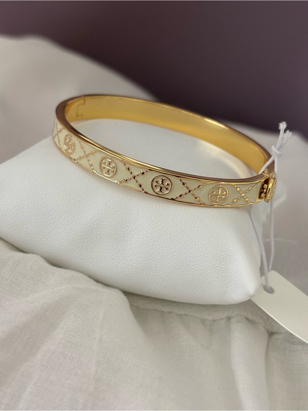 Tory Burch Gold and Cream Enamel Logo Bangle - Picture 4 of 4
